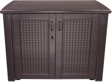 Load image into Gallery viewer, Brown, Wicker-Look, Lockable PorchBoxDrop Storage for Yard, Deck, Garage or Porch (Can Contain Freezer/Refrig)